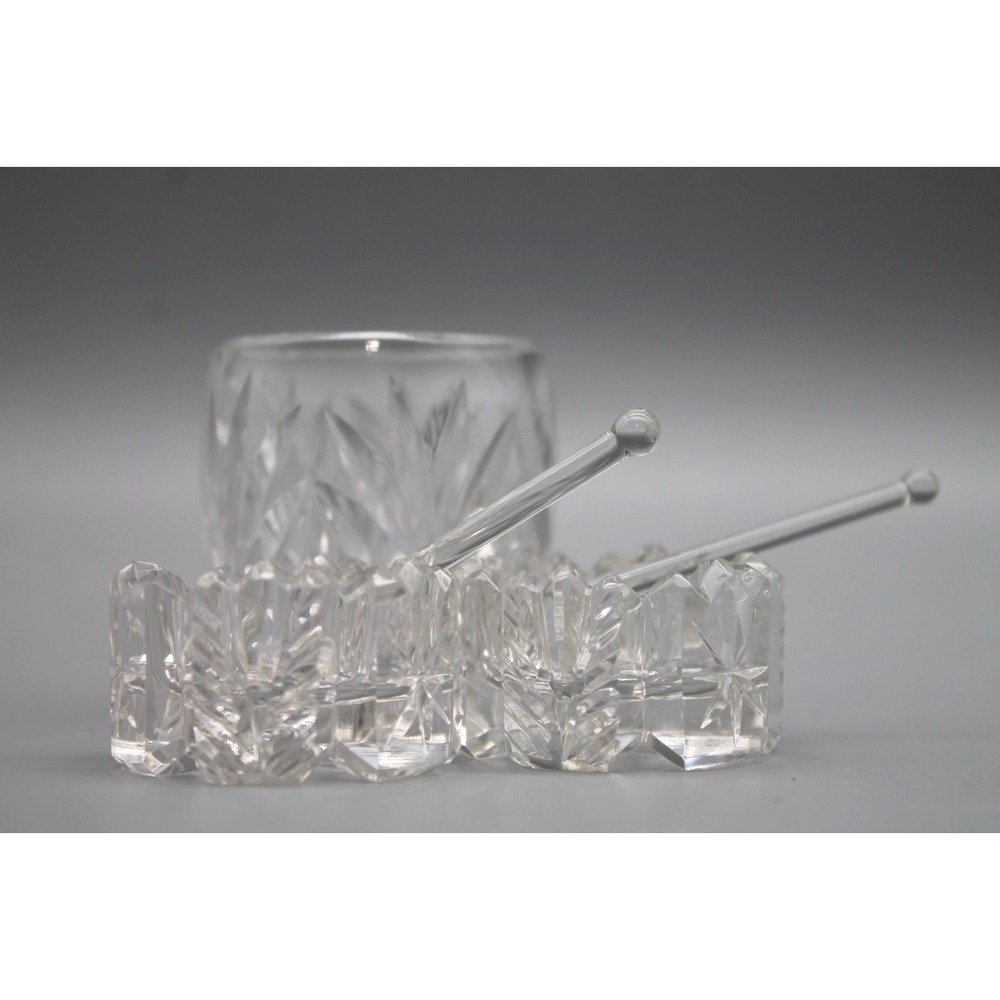 Cut Crystal Condiment Relish Set 3 Dishes 2 Glass Spoons Starburst Pattern